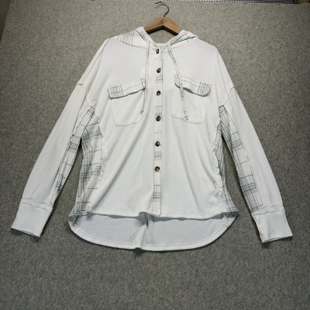 NWT BKE Waffle Knit Hooded Shacket Plaid Cream Women's M